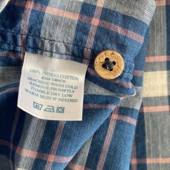 Faherty Button Up Shirt Top Small 100% Indigo Cotton Blue Pink White Plaid Prep - Picture 4 of 6